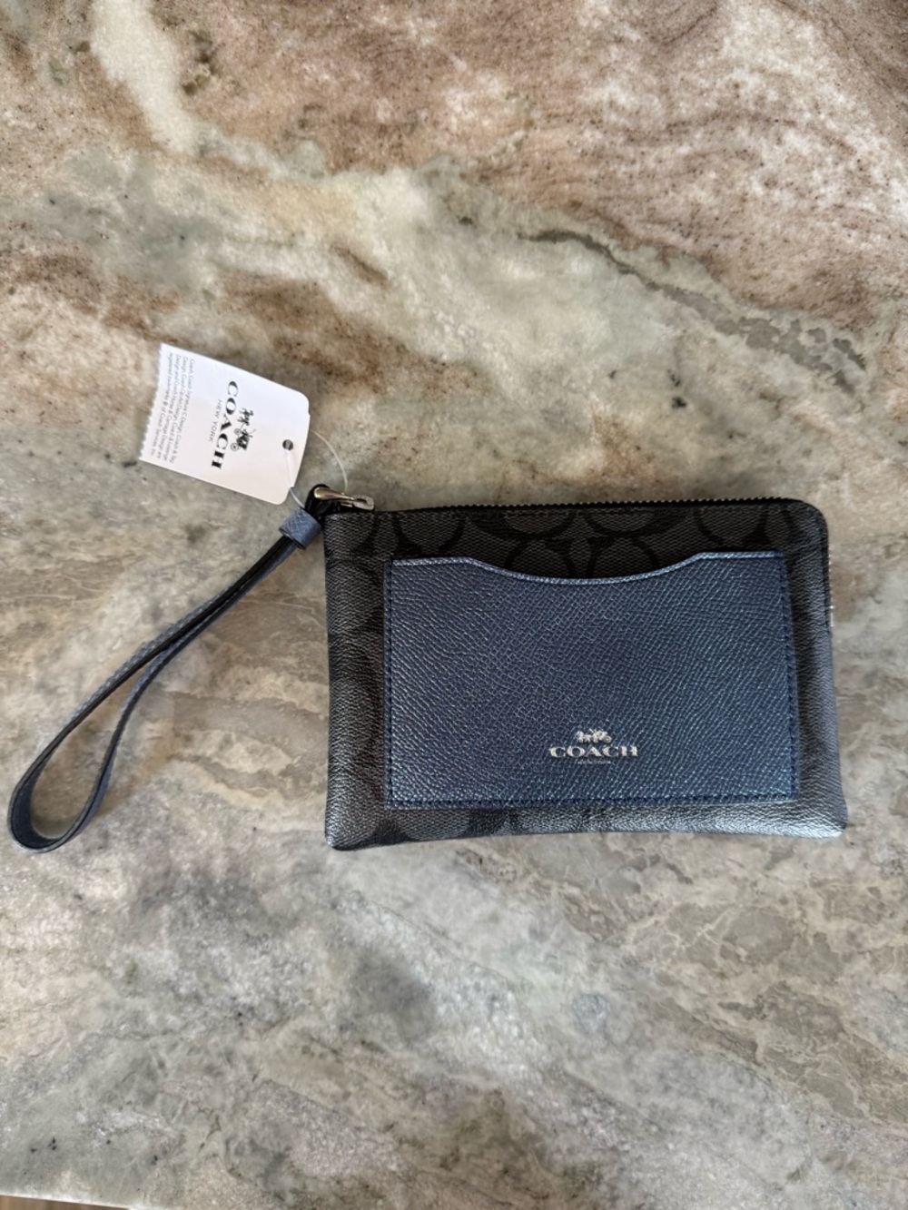 Coach Black Signature Wristlet with Blue Strap